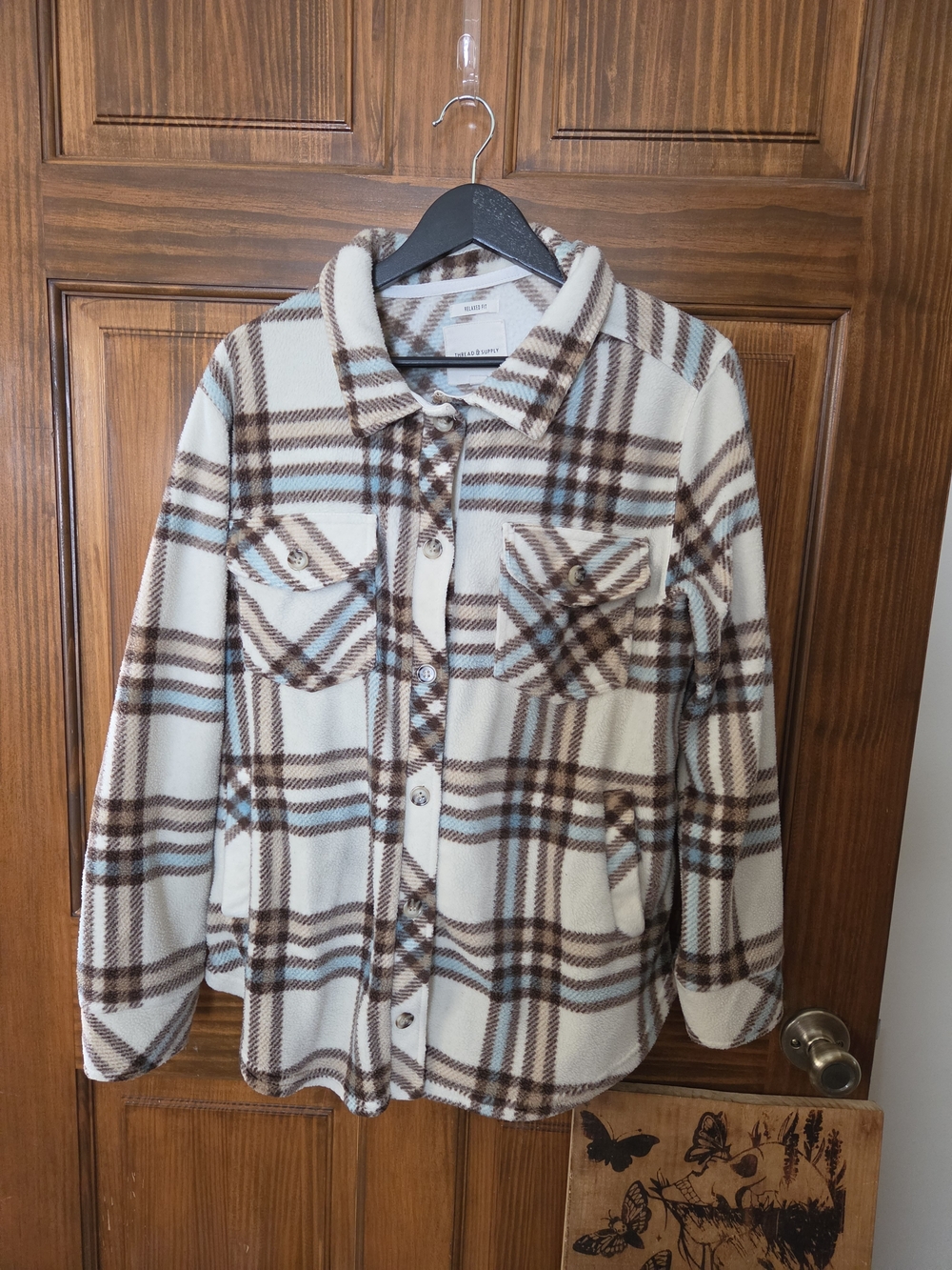 Thread & Supply Cream, Brown & Light Blue Plaid Button-Down Shacket
